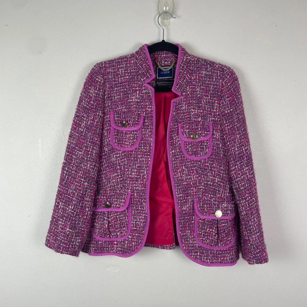 J.Crew Womens Blazer Fitted Jacket Pink Purple Gold Pockets Size 2 Autumn Tweed